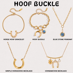 Collection of golden horseshoe jewelry including necklaces and bracelets with blue stones