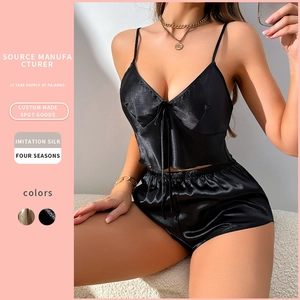 Women Pajama Cami Top And Shorts Imitation Satin Satin V Neck Sleeveless Backless Loungewear Sleepwear Homewear Sexy Simple