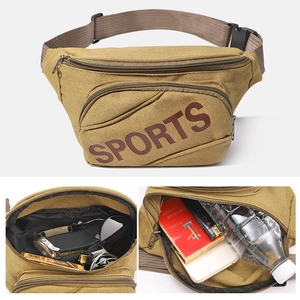 Khaki canvas multi-compartment sports waist bag with adjustable strap and multiple zippers