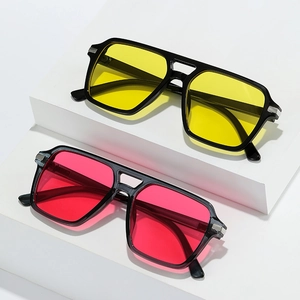 Classic square double-bridge sunglasses with bold black frames in yellow and rose lenses