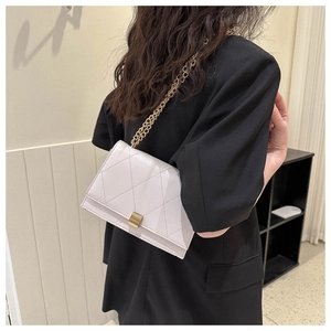 Detail of white quilted chain bag featuring a gold rectangular metal clasp and thin strap
