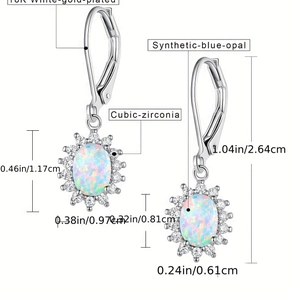 Elegant 10K white gold-plated sunflower earrings with blue opal and cubic zirconia stones