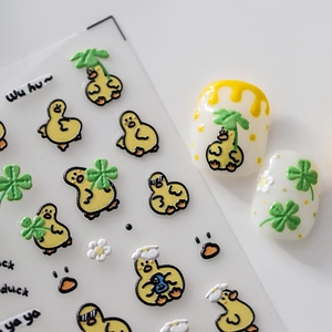 Stickers à ongles 3D en relief avec petits canards jaunes, trèfles et fleurs