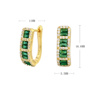 Detailed view of 925 sterling silver earrings with green zircon stones and sizing info