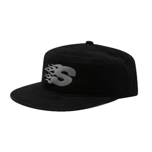 Streetwear black cotton cadet cap with silver flame S logo and flat brim design
