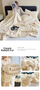 Detailed texture of thickened milk white faux rabbit fur blanket with wavy carved patterns