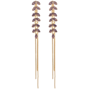 Elegant gold leaf tassel earrings with purple zircons and sparkling marquise stones