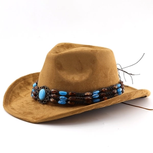 Brown suede cowboy hat with turquoise gemstone and beaded decorative hatband for women