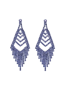 Detail shot of purple rhinestone tassel earrings with geometric diamond hollow design