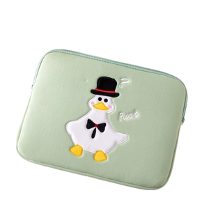 Mint green iPad sleeve featuring cute cartoon duck embroidery and protective padding