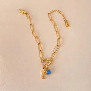 Dames 14K Verguld Roestvrij Staal Paperclip Ketting Armband Met Letter Hanger En Blauwe Strass DIY Accessoire