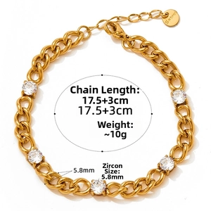 Detailed close-up of gold stainless steel link bracelet with five white zircon stones
