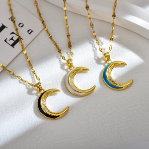 Elegant moon pendant necklace with enamel details and zircon accents in three colors