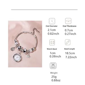 Elegant beaded charm bracelet watch with silver crown and rose pendants for women