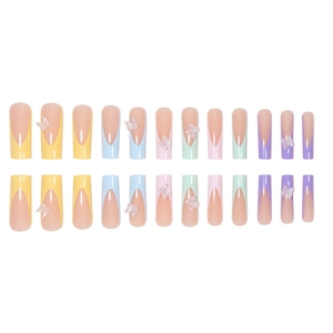 Rainbow French press-on nails with 3D bows in colorful long coffin shape design