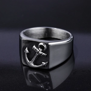Vintage stainless steel anchor signet ring with embossed nautical motif for men