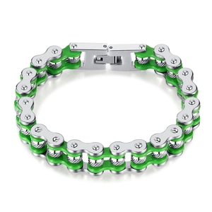 Green and silver stainless steel motorcycle chain bracelet with folding clasp for men