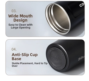 Detail view of the wide-mouth 304 stainless steel coffee mug with non-slip bottom base