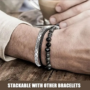 Three-piece men's bracelet set with vintage silver metal cuff and black leather braided strap