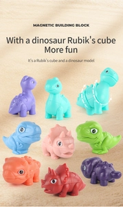 Detail of 9 colorful magnetic dinosaur toy blocks with rotating magic cube structure