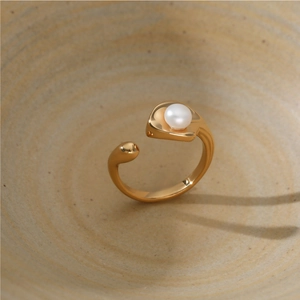 Minimalist Stainless Steel Open Ring For Women Featuring Round Artificial Pearl Elegant PVD Gold Plated Adjustable Jewelry Gift