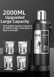 2000ml matte black vacuum insulated flask with carry strap for outdoor mountain hiking