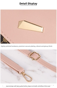 Detail of pink textured leather bag featuring vacuum plated gold hardware and adjustable strap