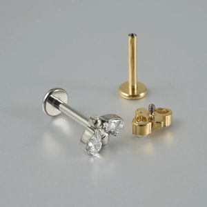 F136 titanium moon and bee internal thread labret stud with white zircon inlay