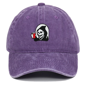 Detailed embroidery of a grim reaper on purple washed cotton baseball cap with ventilation