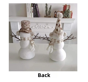 Back view of plush Christmas snowmen with brown plaid hats and knit scarves