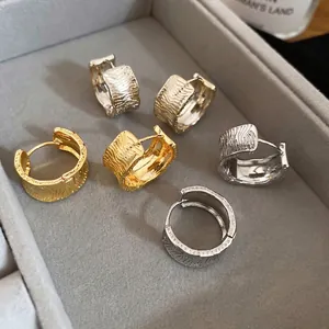 Wide Hoop Earrings Copper 18K Gold Plated Irregular Ripple Texture With 925 Sterling Silver Earring Post For Women Fashion
