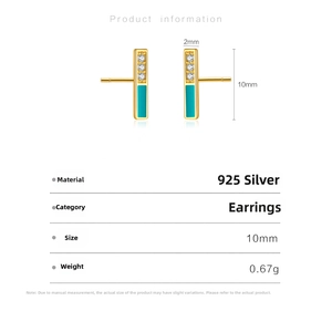 Close-up of S925 silver stud earrings with turquoise enamel and zircon stones