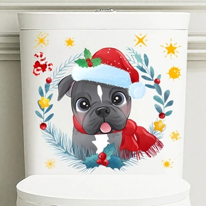 Close-up of Christmas French Bulldog toilet lid sticker with festive hat and scarf