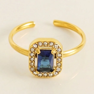 Bague Ajustable Pierre Bleue Halo Zircon Blanc Plaque Or 18K Acier Titane Bijoux Élégants Vintage Bague Pour Femmes