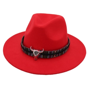 Ethnic style red wide brim fedora with woven band and silver bull head metal accessory