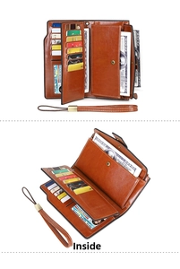 Dettagli del portafoglio vintage in pelle cerata con molti scomparti per carte