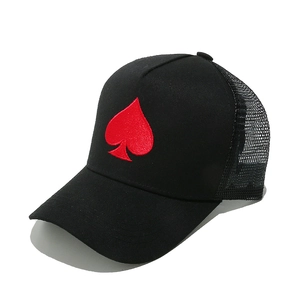 Black trucker hat with red spade and heart embroidery, breathable mesh back view