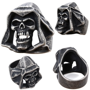 Hooded Skull Ring Stainless Steel Vintage Gothic Punk 3D Design Dark Style Jewelry For Men