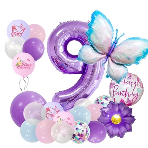 Detail of blue butterfly balloon set with number 9 and happy birthday latex balloons