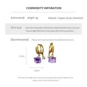 Detailed sizing chart for vintage copper drop earrings with purple zircon stones