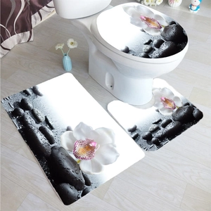 Detailed 3-piece bathroom mat set with zen white orchids and black river stones print
