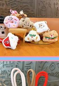 Cute plush food keychain detail, soft stuffed bread donut burger bag charm pendant gift.