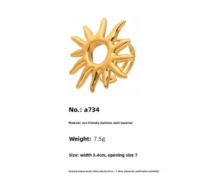Detailed view of sunburst open ring in 18k gold plating with size specifications