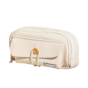 Large capacity canvas pencil case with multiple layers and a vintage wooden button