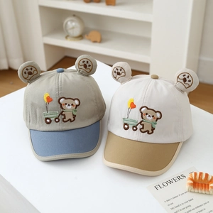 Detail of baby bear baseball caps featuring 3D ears and cute embroidery in two colors
