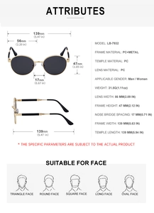 Detailed size specifications for round frame sunglasses with lens and frame measurements