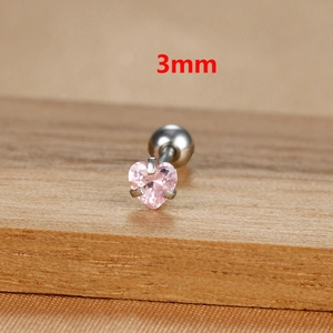 Macro shot of 3mm pink heart cubic zirconia stud earring with screw back closure