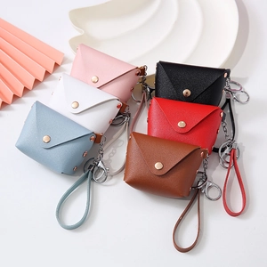 Mini Coin Purse Keychain Envelope PU Leather Small Wallet Bag Charm With Hand Strap And Snap Button Litchi Texture For Women