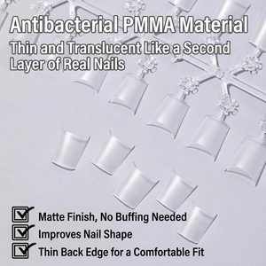 Matte finish PMMA press-on nail tips with ultra-thin seamless design in short coffin shape