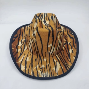 Tiger pattern cowboy hat with flat brim and yellow animal print finish on grey fabric
